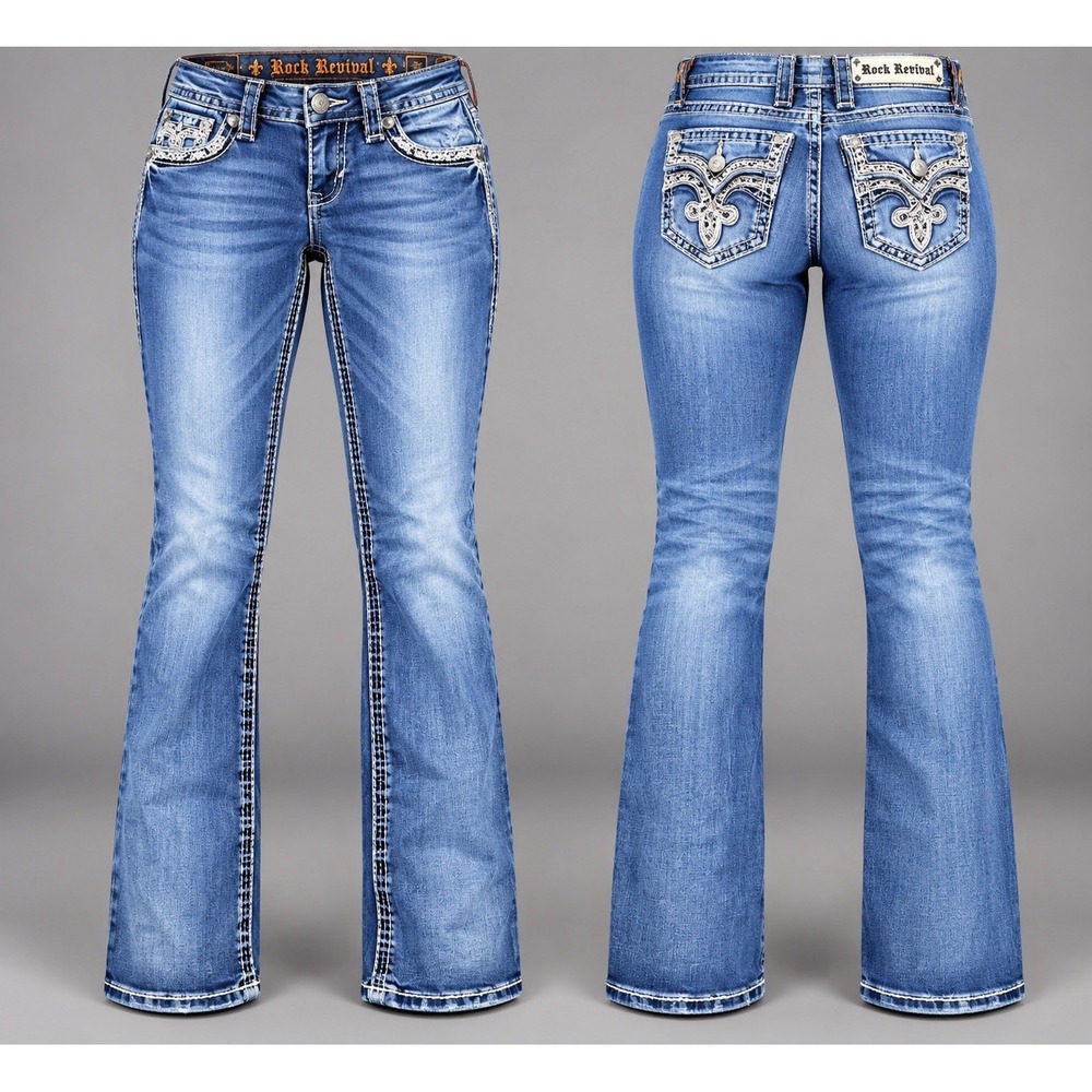 Rock Revival Jeans Womens 25x31 ligeia boot thick stitch whiskering rhinestones